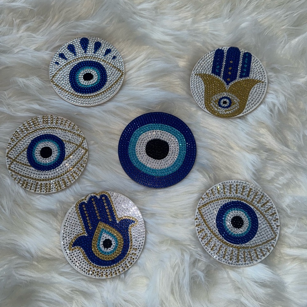 Elegant Evil Eye Rhinestone Coaster Set - Blue, Gold, and Silver [6 pieces]